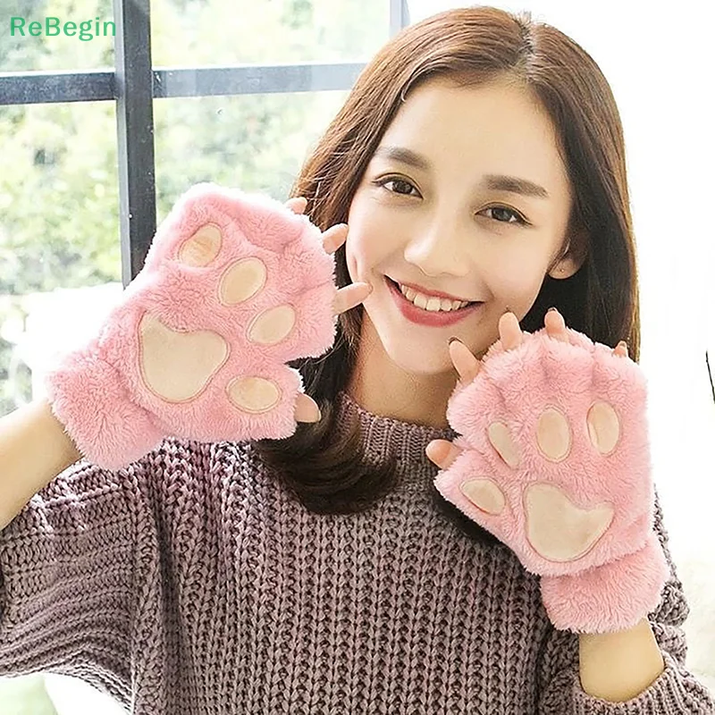 

Winter Gloves Women Bear Plush Cat Paw Claw Gloves Cute Kitten Fingerless Mittens Christmas Halloween for Girls Gift Gloves