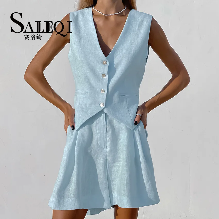 Женский Повседневный комплект из двух предметов, элегантный однобортный Топ без рукавов и шорты, лето 2023
Женский Повседневный комплект из двух предметов, элегантный однобортный Топ без рукавов и шорты, лето 2023