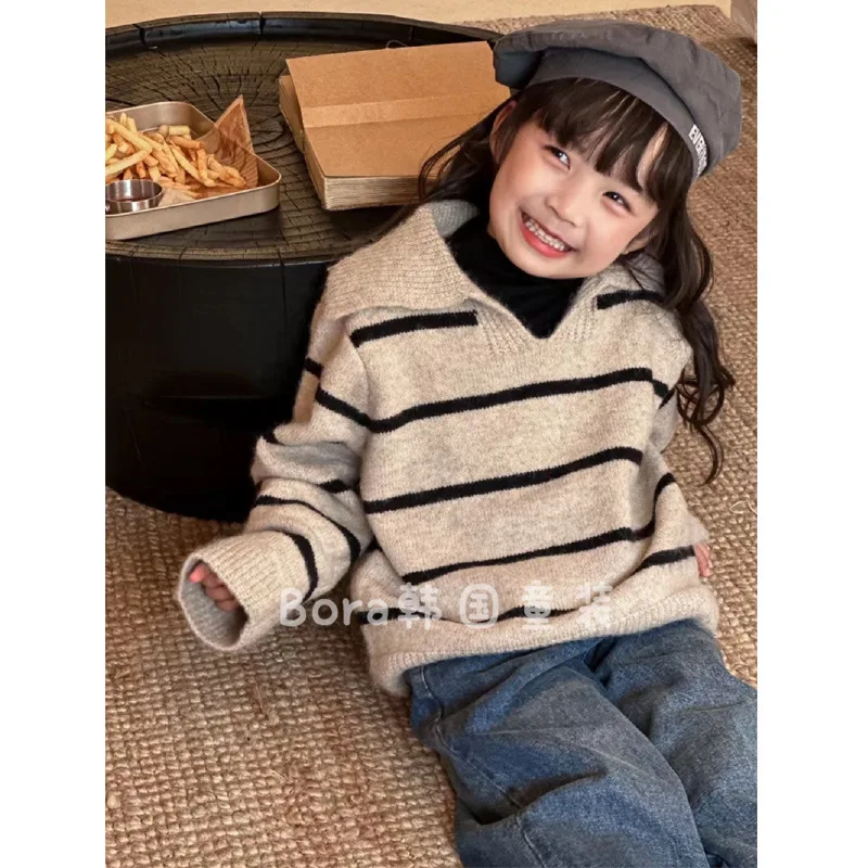 

Sweater Korea Childrens Clothing Girls Knitting New Autumn Baby Lapel Collar Stripe Woolen Yarn 2024 Simple Wide Leg Pants