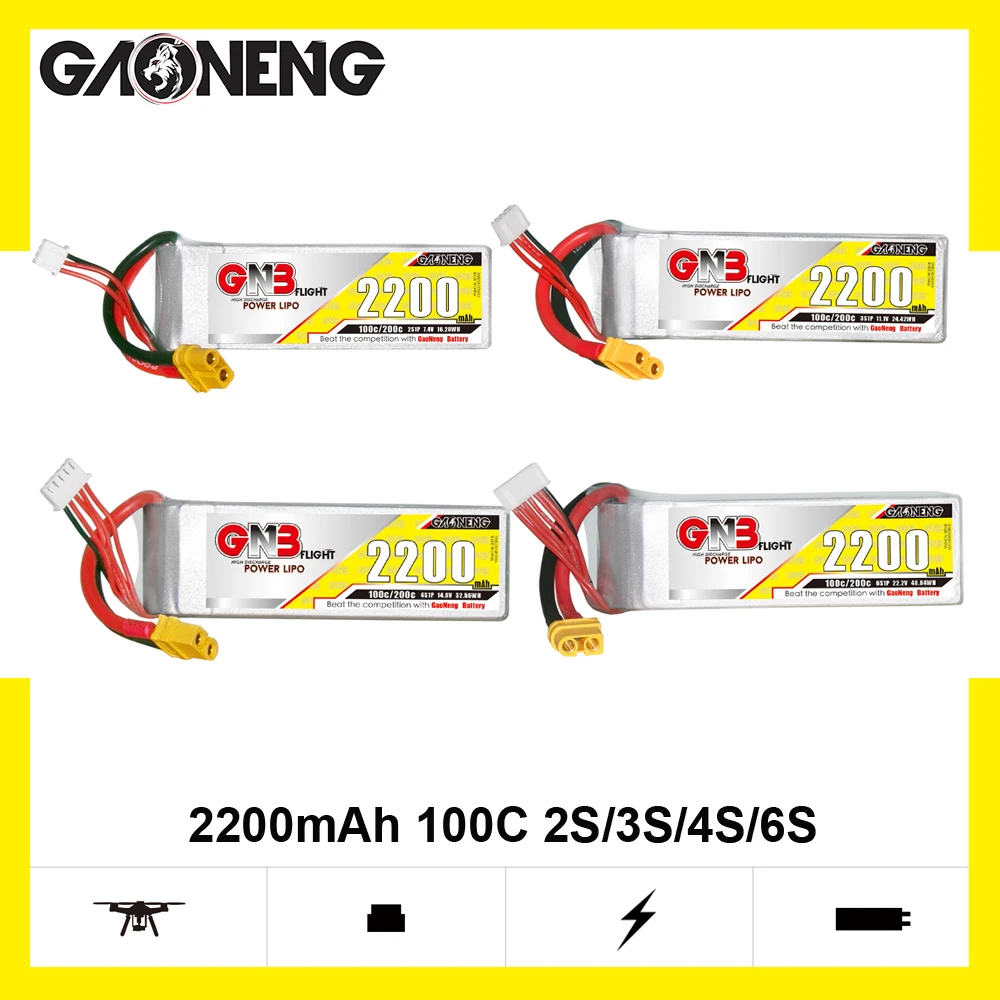 

GAONENG 2200mAh 100C 2S/3S/4S/6S 7.4V/11.1V/14.8V/22.2V Lipo Battery With XT60 Connector For RC Helicopter FPV Drone Parts