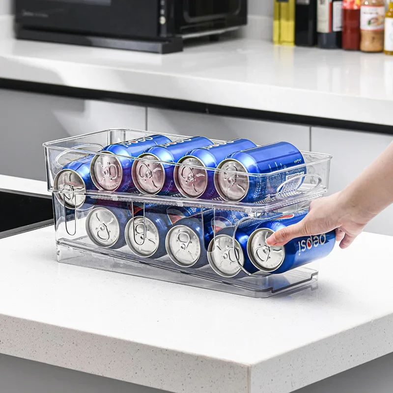 

Beer Cola Refrigerator Storage Box Transparent Double-layer PET Rolling Beverage Organizer Household Can Storage Rack