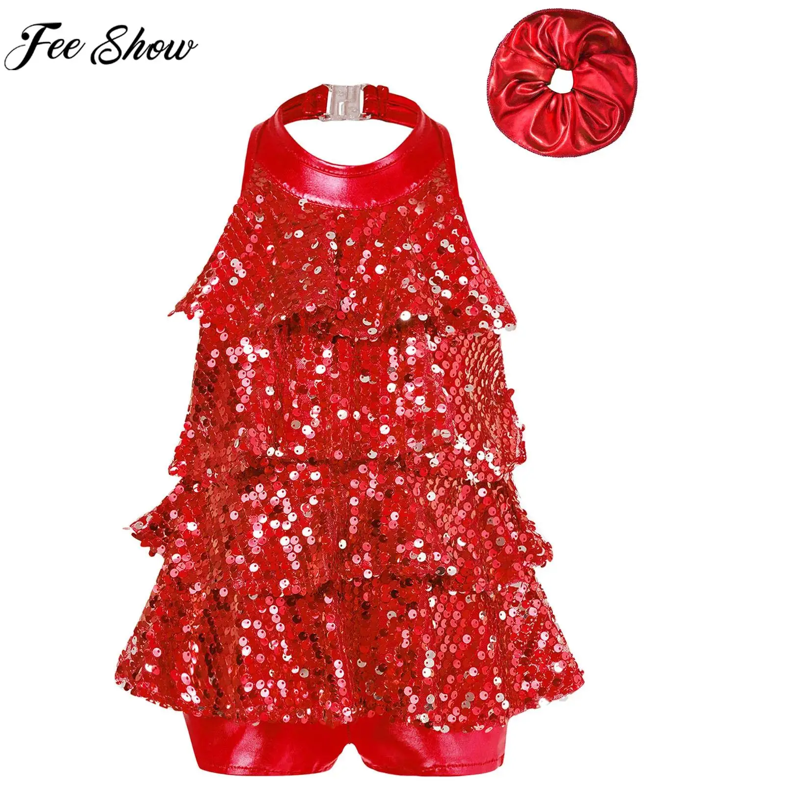 

Kids Girls Shiny Sequin Jazz Latin Dance Bodysuit Ballet Gymnastics Skating Leotard Dress with Hair Band Performance Dancewear