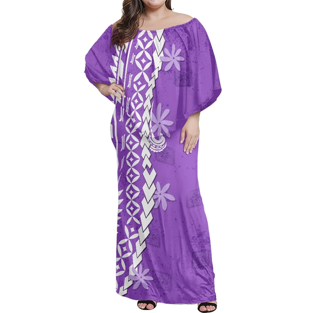 

Latest Dress Designs Pictures Polynesian Tribal Clothing Purple Tiare Flowers Print Custom Off Shoulder Maxi Dress With Shawl