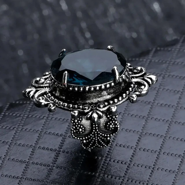 Huretailers-Bague Vintage à Motif Sculpté pour Femme, avec Pierre Ovale Bleue CZ, Rétro, pour ix, Chic, Cadeau pour les Travailleurs, Nouveaux Bijoux 2