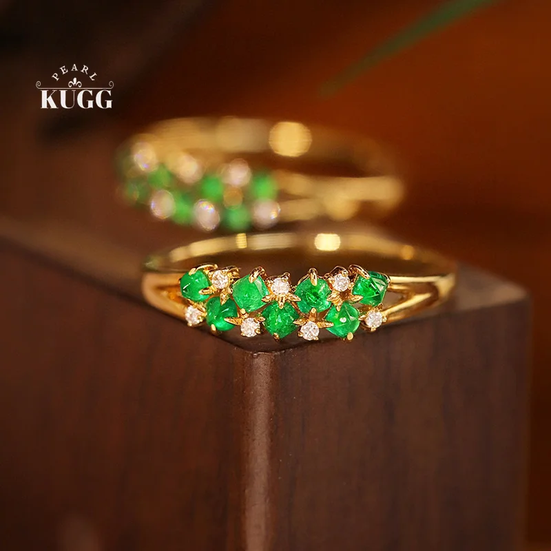 

KUGG 18K Yellow Gold Rings Romantic INS Style Real Diamond Natural Emerald Swat Engagement Ring for Women High Wedding Jewelry