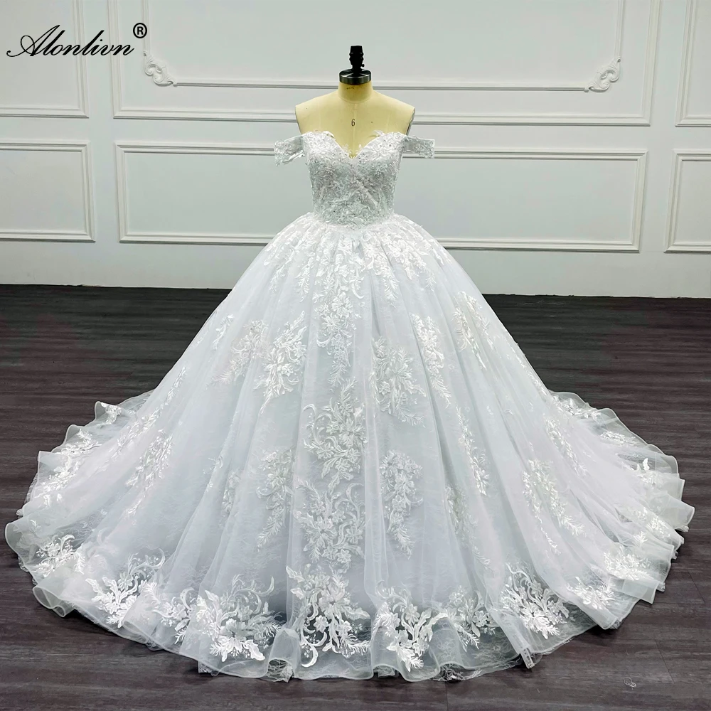 

Alonlivn Luxury Ball Gown Wedding Dresses With Beading Pearls Appliques Lace Off Shoulder Sweetheart Bride Skirts