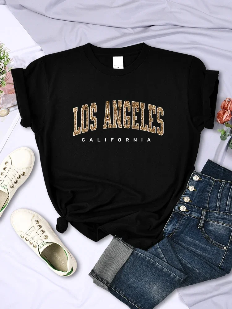 

Los Angeles, California USA City Leopard Print T-Shirt Women Casual Fashion Short Sleeve Summer Breathable Soft T Shirts Female