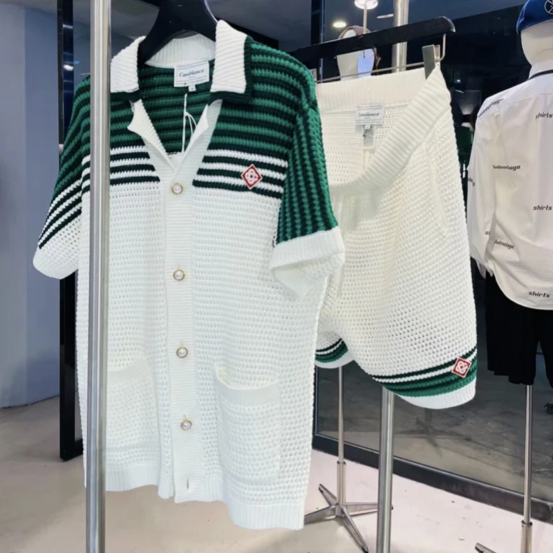 GYM High Street Casablanca Sweater Set Holiday Style Green Stripe Hollow Out Knitted Short Sleeve Tops Men Women Casablanca Shir
GYM High Street Casablanca Sweater Set Holiday Style Green Stripe Hollow Out Knitted Short Sleeve Tops Men Women Casablanca Shir