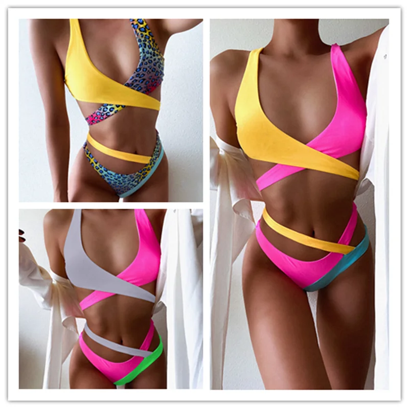 

2022 Bandage Swimwear Colorblock Bikinis Thong Halter Patchwork Beach Wear Bikini Female Padded Cross Swimsuit Wholesale