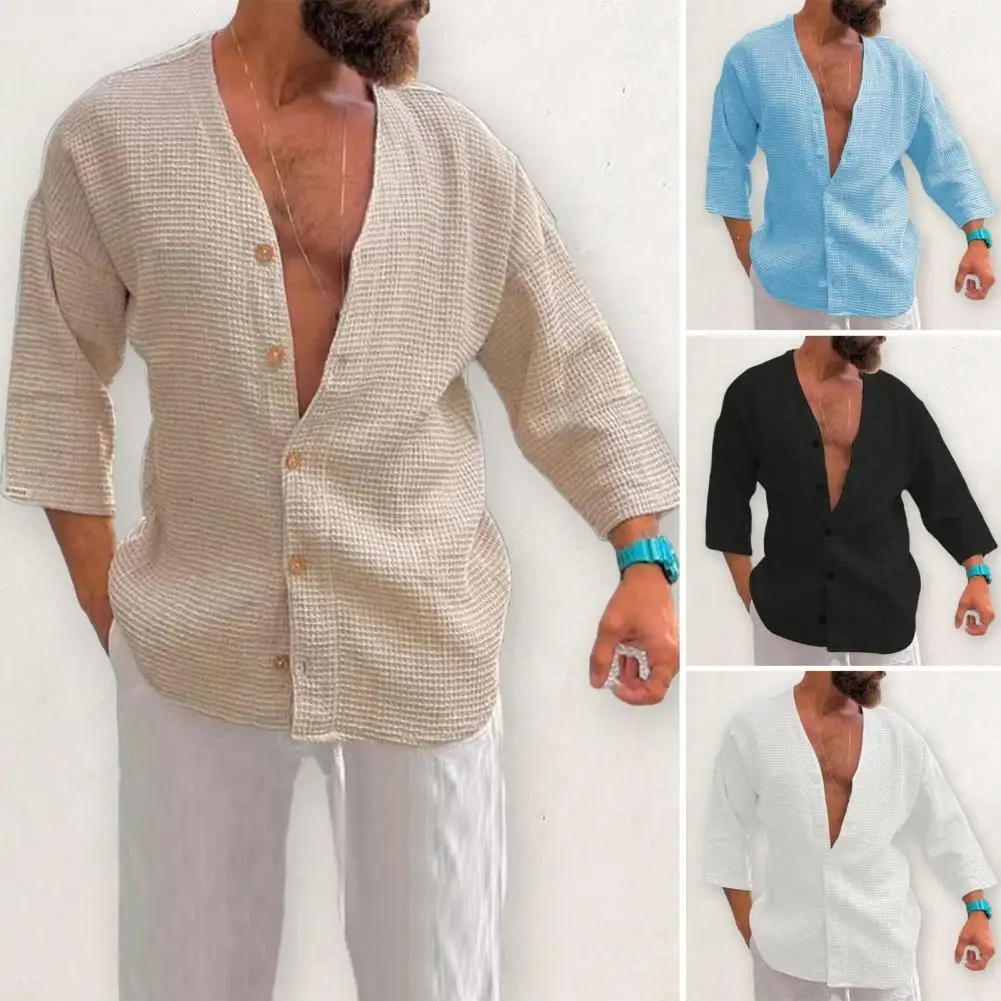 Men Shirt Tops Stylish Men's V-neck Waffle Texture Shirt Casual Summer Top with 3/4 Sleeves Loose Fit Single Breasted Design 3/4
Men Shirt Tops Stylish Men's V-neck Waffle Texture Shirt Casual Summer Top with 3/4 Sleeves Loose Fit Single Breasted Design 3/4