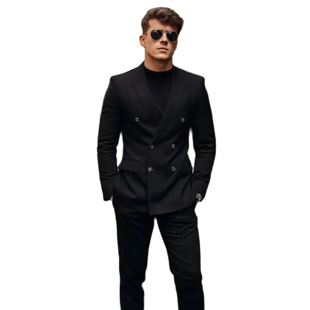 

Double Breasted Peaked Lapel Black 2 Piece Jacket Pants Flat Regular Lenght Elegnat Blazer Customized Business Terno Luxury Set