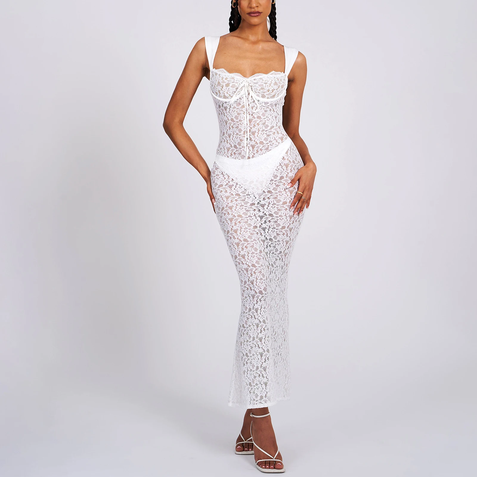 

Women Lace Spaghetti Strap Bodycon Maxi Dress See Through Long Cami Dress Summer Sexy Slim Fit Floral Lace Dresses