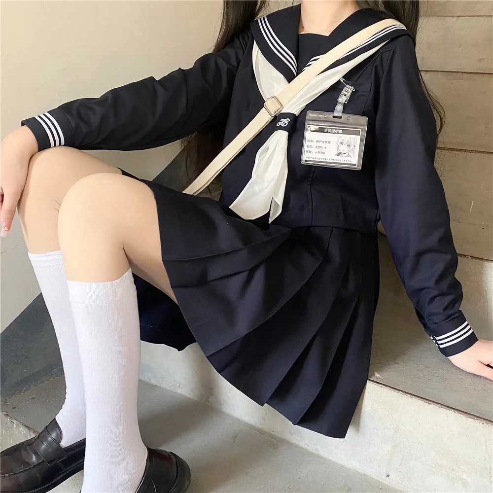 

Dark Blue Three Orthodox JK School Uniform Girls S-XXL College Style Sailor Spring Summer Suit Women Shirt Pleated Skirt
