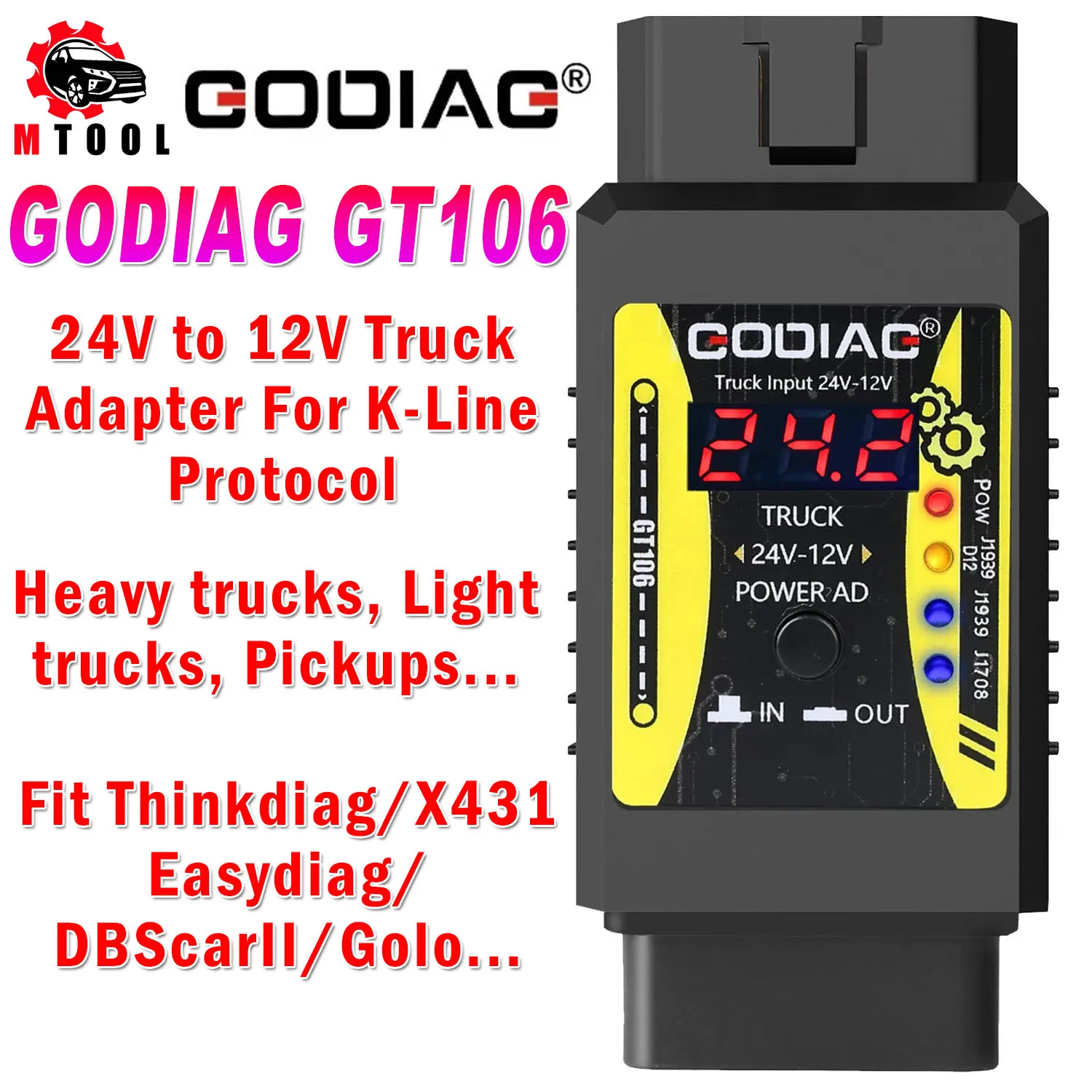 

Godiag GT106 24V to 12V K-line Heavy Duty Converter for X431 Truck Adapter Car Diagnosis Adapter Cable for Thinkcar Thinkdiag