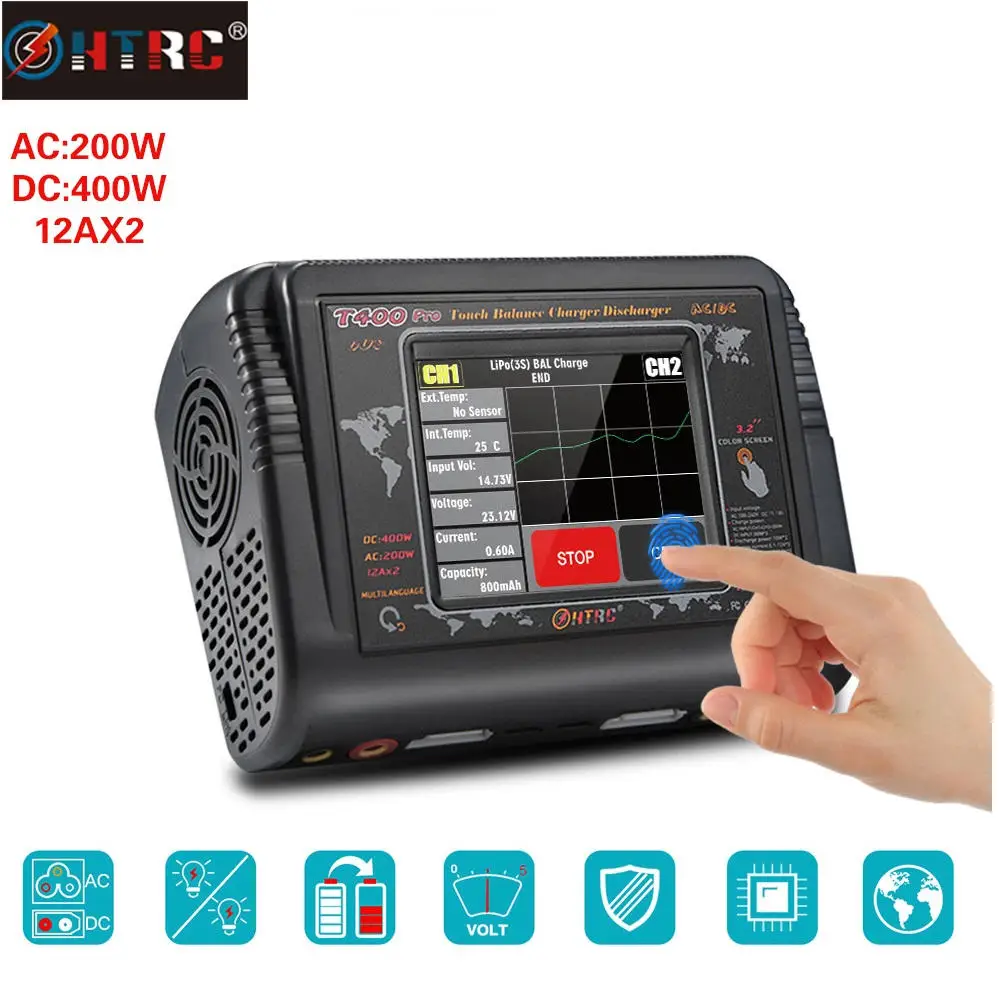 HTRC T400 Pro AC 200W DC 400W 12A * 2 Двухканальное зарядное устройство для Lipo LiHV LiFe Lilon NiCd NiMh Pb батарея
HTRC T400 Pro AC 200W DC 400W 12A * 2 Двухканальное зарядное устройство для Lipo LiHV LiFe Lilon NiCd NiMh Pb батарея
