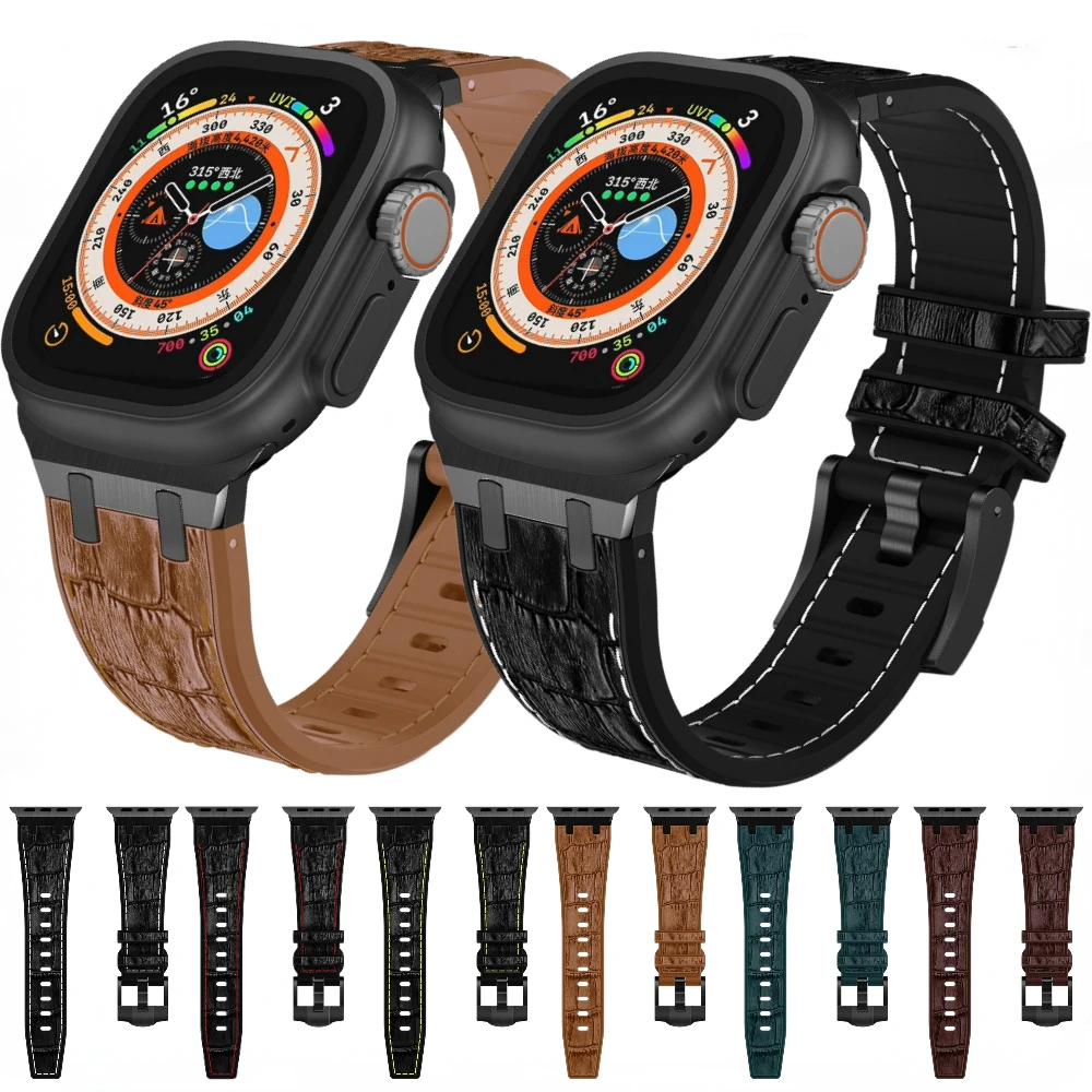 

Leather Strap for Apple Watch Band Ultra 49mm 45mm 41mm 44mm 40mm 42mm 38mm Crocodile Wristband iWatch Series 9 8 7 6 5 4 3 SE 2