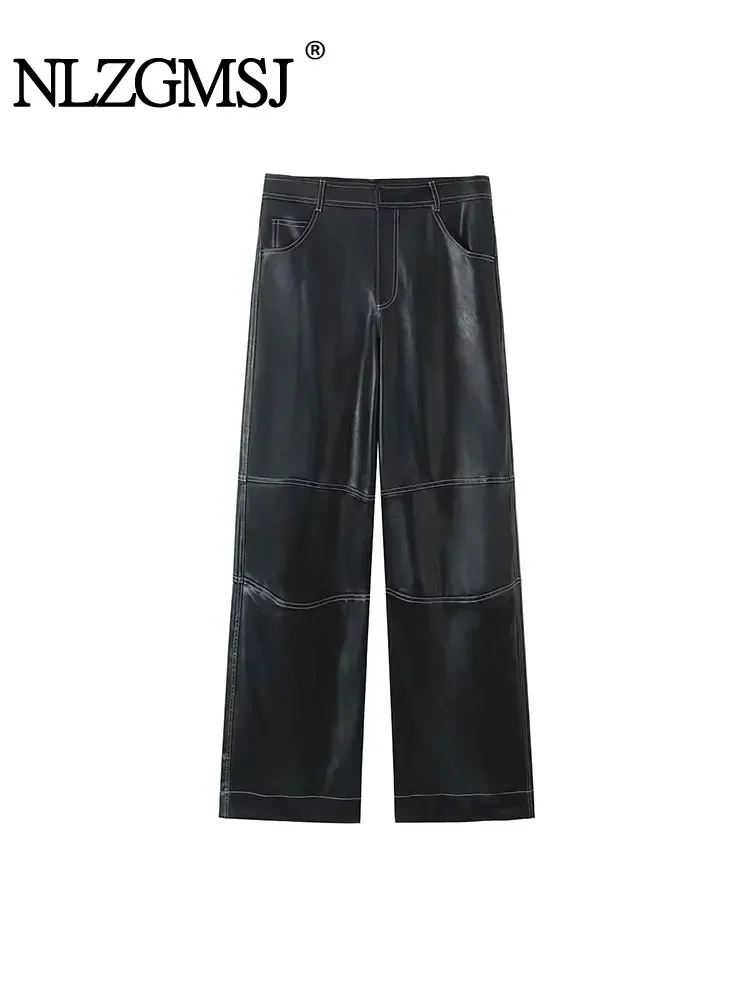 

Nlzgmsj TRAF 2024 Genuine Leather Pants For Women Autumn Winter Commuter Style Versatile Slim Line Design Wide Leg Straight Pant