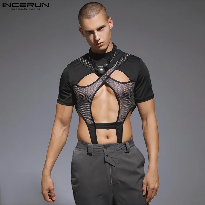 

INCERUN 2023 Sexy Fashion Mens Bodysuits Hollow Deconstructed Mesh Jumpsuits Stylish Spliced Triangle Short Sleeve Rompers S-3XL