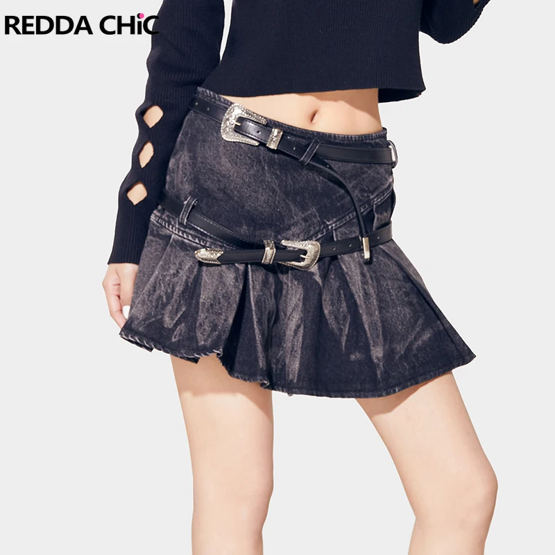 

REDDACHiC Diagonal Self-belt Denim Mini Skirt Pleated Low Rise Y2k Retro Cowgirl Short Bottoms Harajuku Korean Women Streetwear