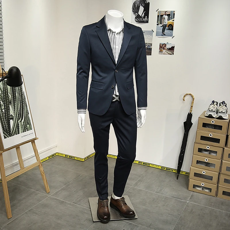 

Korea Slim Style Mens Suits Set 23% Wool Deep Blue Blazer + Pant Leisure Man Clothing Wedding Groom Wear Plus Size 56