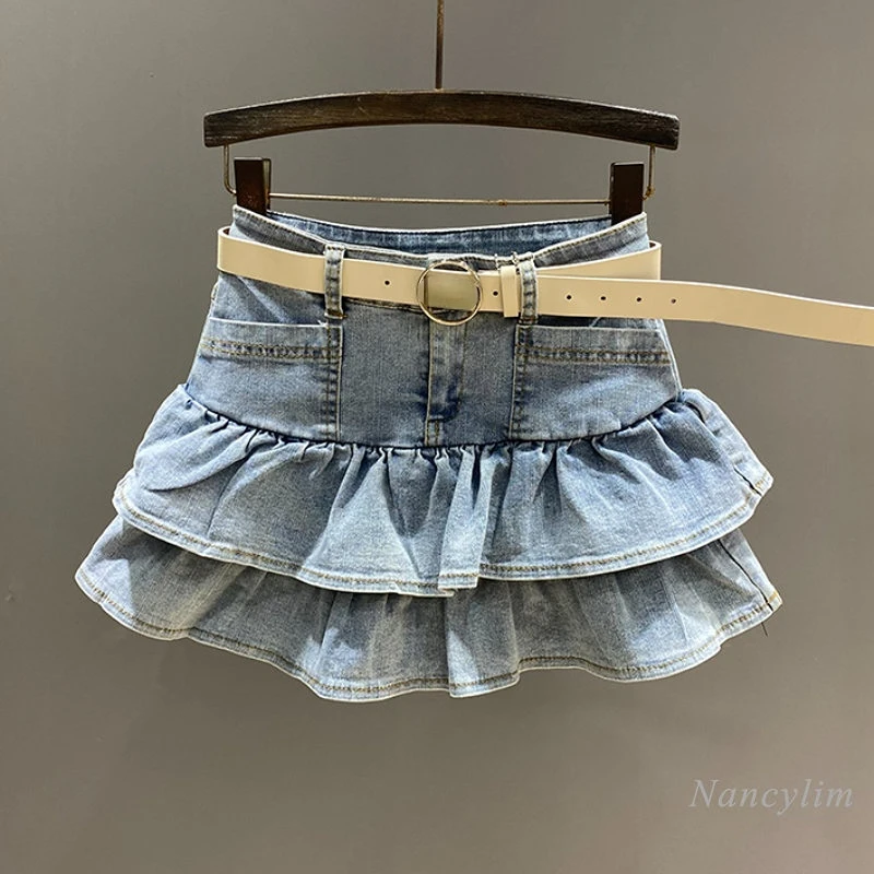 

Ruffled Denim Skirt Women's Anti-Exposure Summer Short Skirts 2023 New A- Line High Waist Hip-Wrapped Hot Girl Sexy Pettiskirt