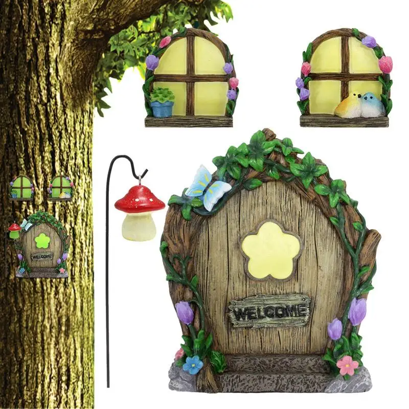 

Сказочные садовые двери, садовые миниатюрные сказочные окна для дерева, уличные украшения для дерева с искусственными лозами для сада, балкона
