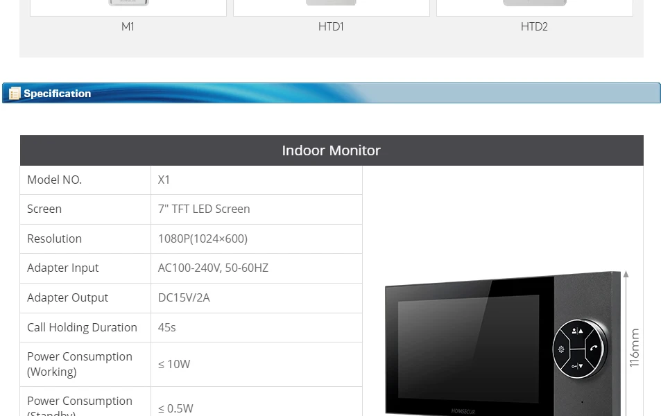 S2a55d8fc23664cc380dfb234720e4345W 7" HD Indoor Monitor Mute Mode Support with DC15 Plug for HOMSECUR 4 Wire Video Door Phone Intercom Home Security Family