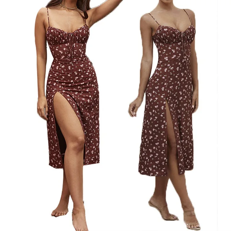 

Gagaopt Allover Flower Print Cami Dress Women Spaghetti Side Split Sleeveless Weekend Casual Dress 2020 Thigh Short Dress