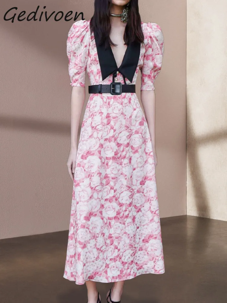 Gedivoen Fashion Designer Summer Vintage Print Dress Women's Deep V-neck Bow Beading Belt Holiday Party Pink Slim Midi Dress
Gedivoen Fashion Designer Summer Vintage Print Dress Women's Deep V-neck Bow Beading Belt Holiday Party Pink Slim Midi Dress