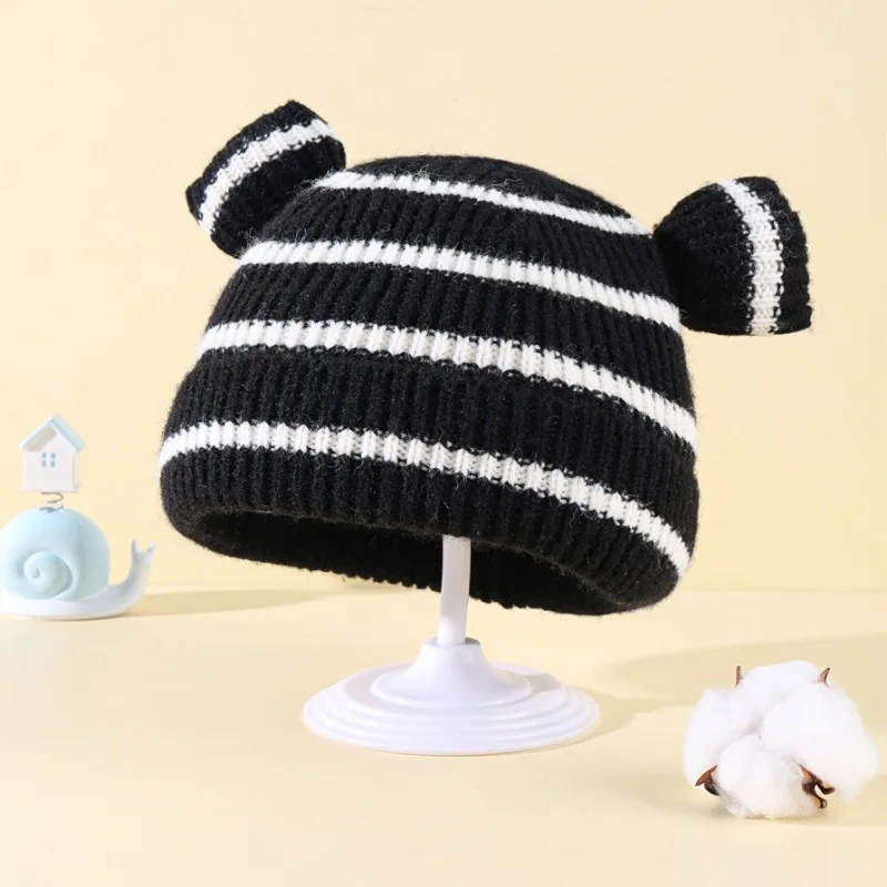 

Black White Striped Baby Beanie Cap Winter Warm Knit Hat for Girls Boys Cute Bear Ear Toddler Kids Crochet Bonnet 3-36 Months