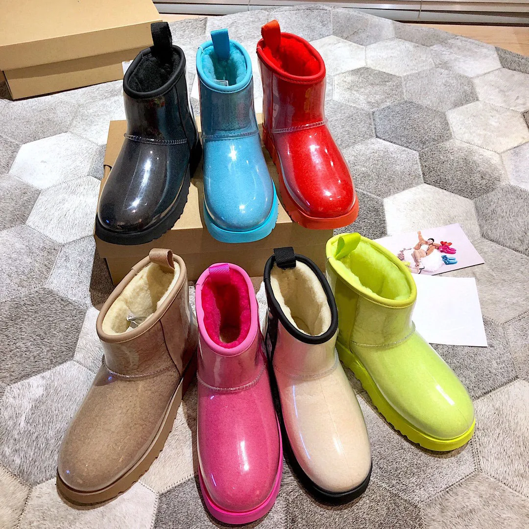 

Women Colored Crystal Jelly Shoes Wool Thickened Snow Boots Australian Brand Waterproof PU Rain Boots Transparent Mid-calf Boots