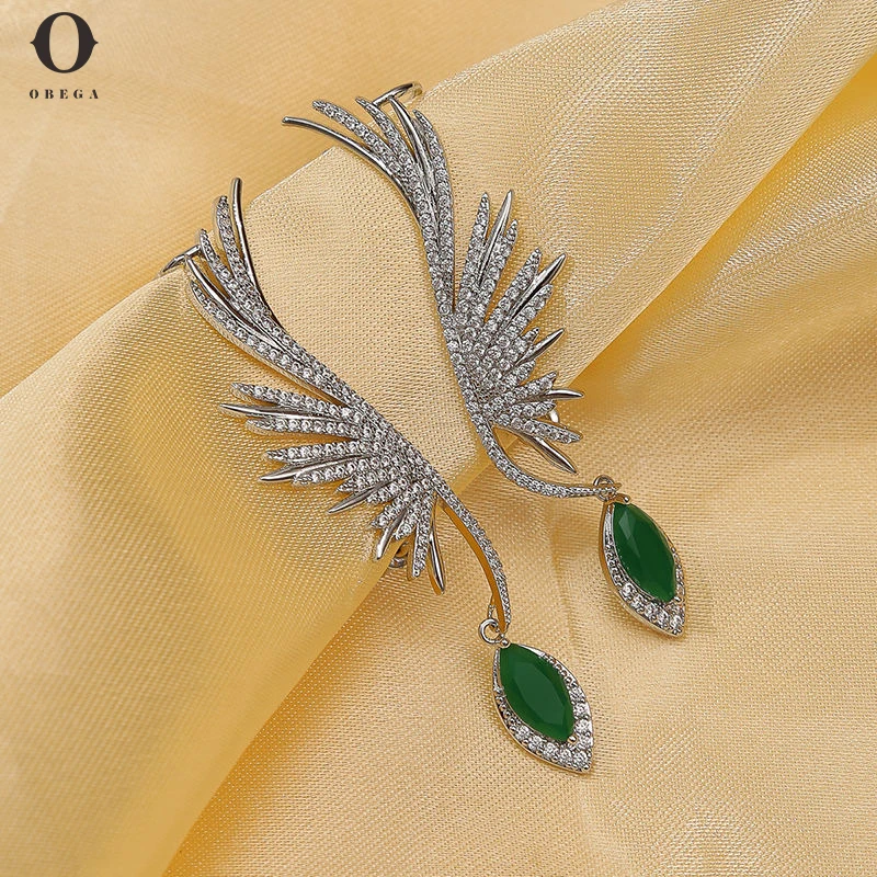 

Obega Fashion Gothic Angel Wing Full Crystal Leaf Shaped Women Gifts Party Clip Earrings Ear Cuff Shiny Earring Jewelry