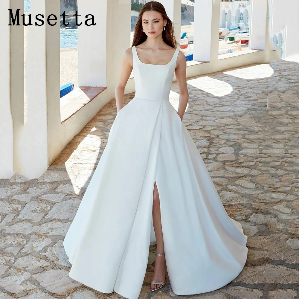 

Simple Scoop Neck A-Line Wedding Dresses Sleeveless Split Open Back Bridal Gowns White Satin Court Train Civil Vestidos De Novia