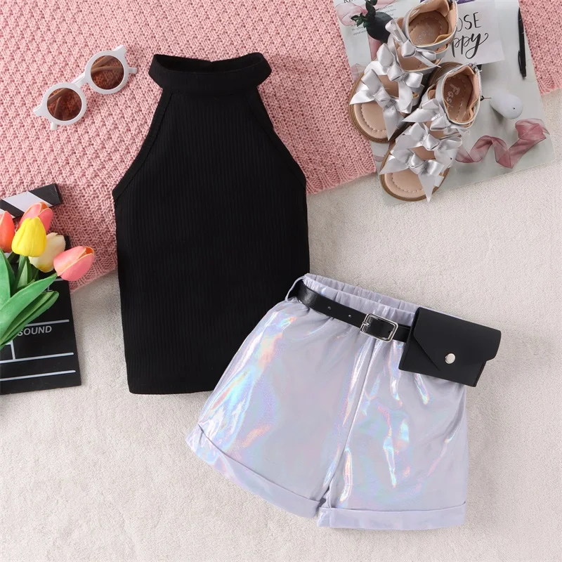 

Kid Girl Summer Clothes Set Sleeveless Rib Knit Halter Tops Holographic Shorts Belt 3Pcs Outfits