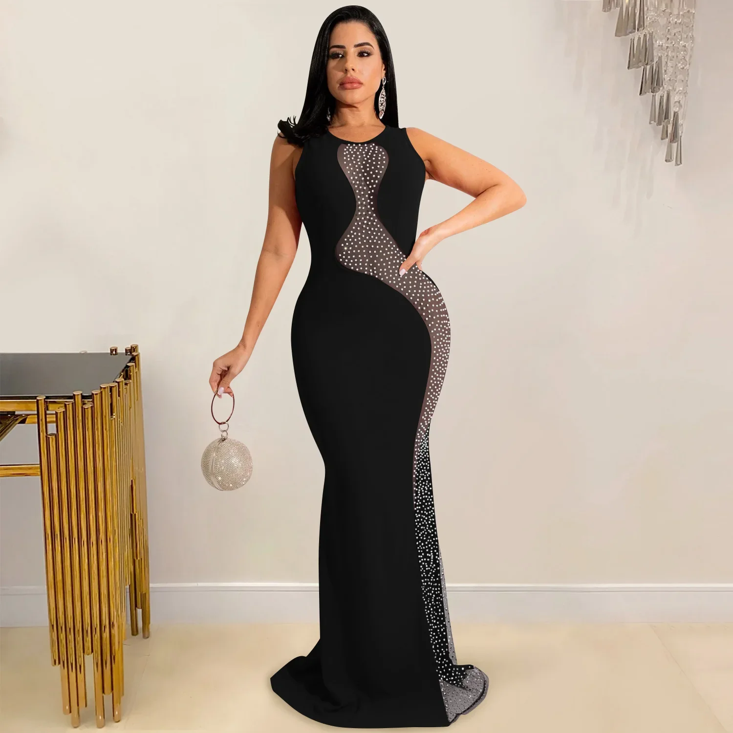 

Ladies Fashion Nightclub Style Sexy Hot Drill Mesh Perspective Sleeveless Round Neck Backless Dress