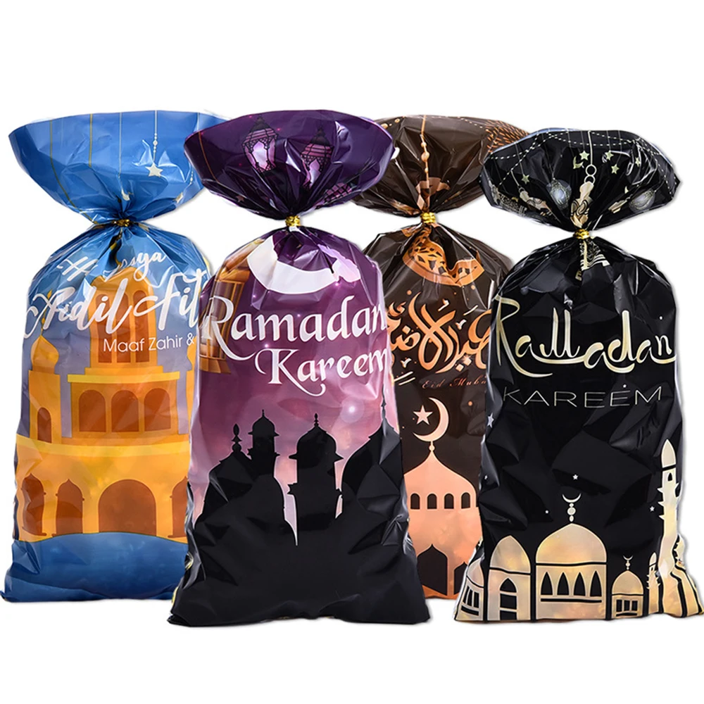 

50pcs Eid Mubarak Gift Bags Plastic Cookie Candy Bag Ramadan Kareem Decor 2024 Islamic Muslim Party Supplies Eid Al-fitr Gift