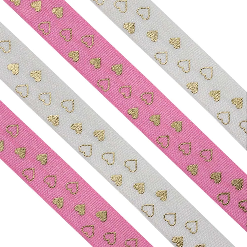 5/8" 15MM Gold Foil Polka Heart Printed Fold Over Elastic FOE Ribbon For Hairbow Headwear Headband DIY Decoration
5/8" 15MM Gold Foil Polka Heart Printed Fold Over Elastic FOE Ribbon For Hairbow Headwear Headband DIY Decoration