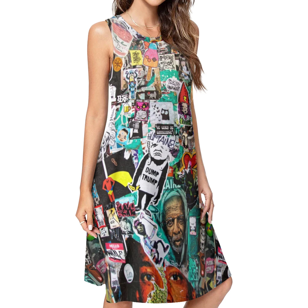 

Women Print 2024 Summer Graffiti Scoop Neck Tank Dress Casual Sleeveless Boho Beach Sundress Loose Dress Women Clothing Korean