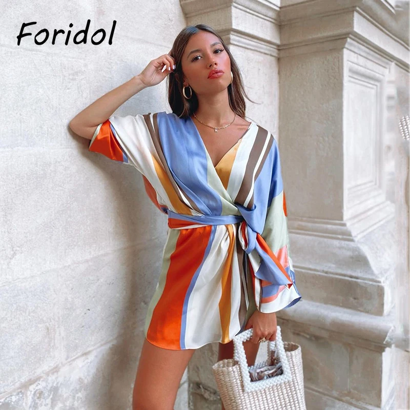 

Foridol V Neck Stripe Casual Satin Romper Women Batwing Sleeve Wide Leg Fashion Playsuits Overalls Bowknot Loose Rompers 2023