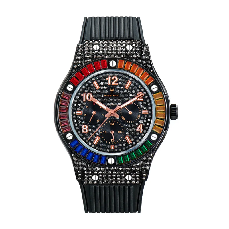Hot selling European and American Fashionable New High-end Rainbow Diamond Silicone Tape Waterproof Men's Watch
Hot selling European and American Fashionable New High-end Rainbow Diamond Silicone Tape Waterproof Men's Watch