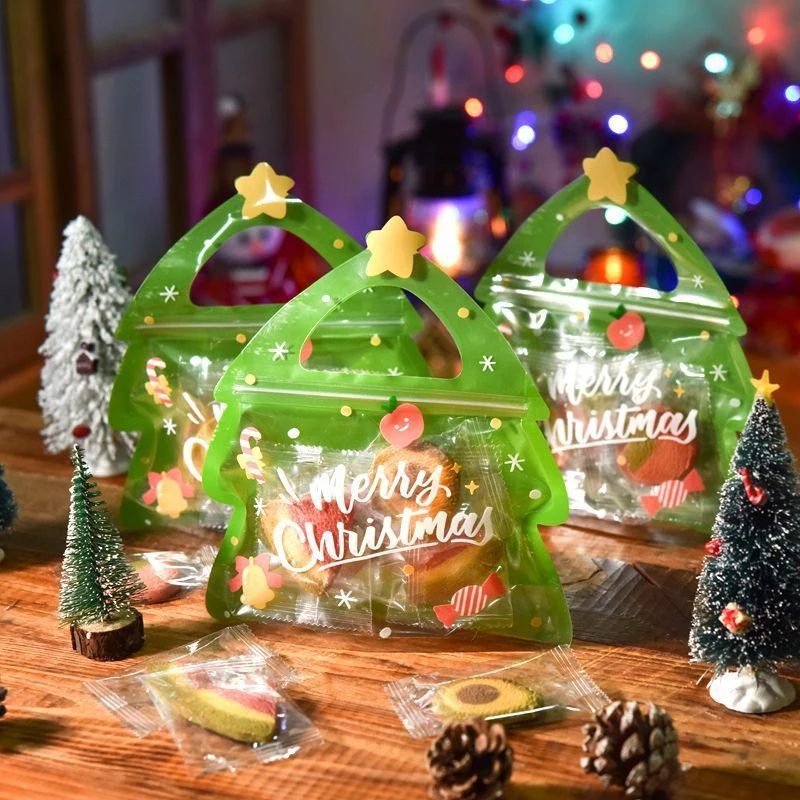 

25 шт. Рождественский Подарочный пакет для конфет, шоколадного печенья, нуги, печенья, упаковки, подарочные пакеты на молнии с елкой и Сантой
