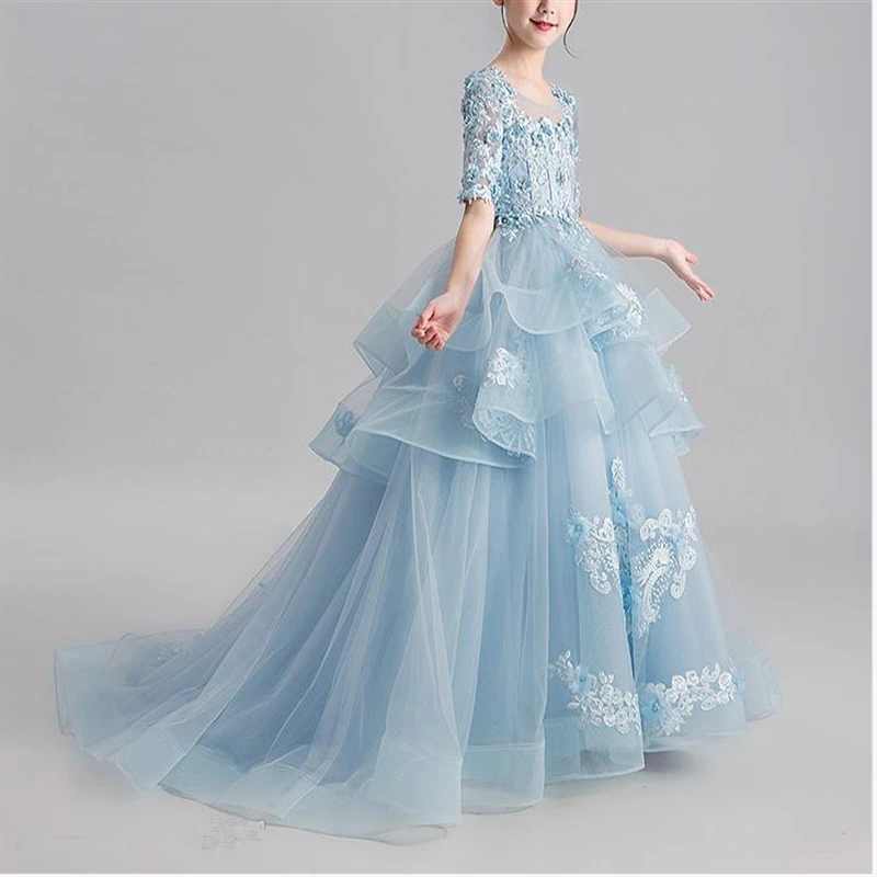 

2023 Bow Flower Girl Dresses Fluffy Sequin Wedding Party Dress Tiered Puffy Tulle Girl Princess Communion Birthday Celebrat