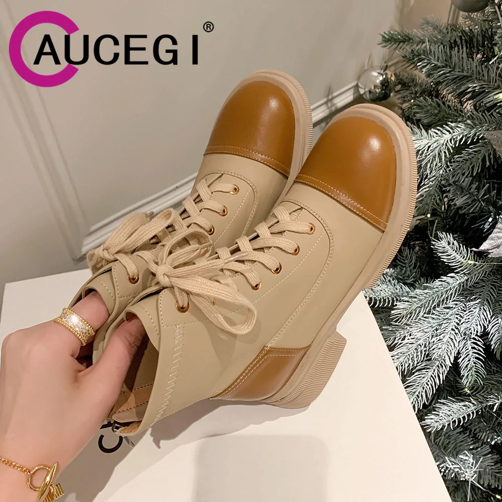 

Aucegi Hot Sale Mixed Color Quality Leather Motorcycle Ankle Boots Women Autumn Winter Low Square Heels Lace Up Zipper Wild Shoe