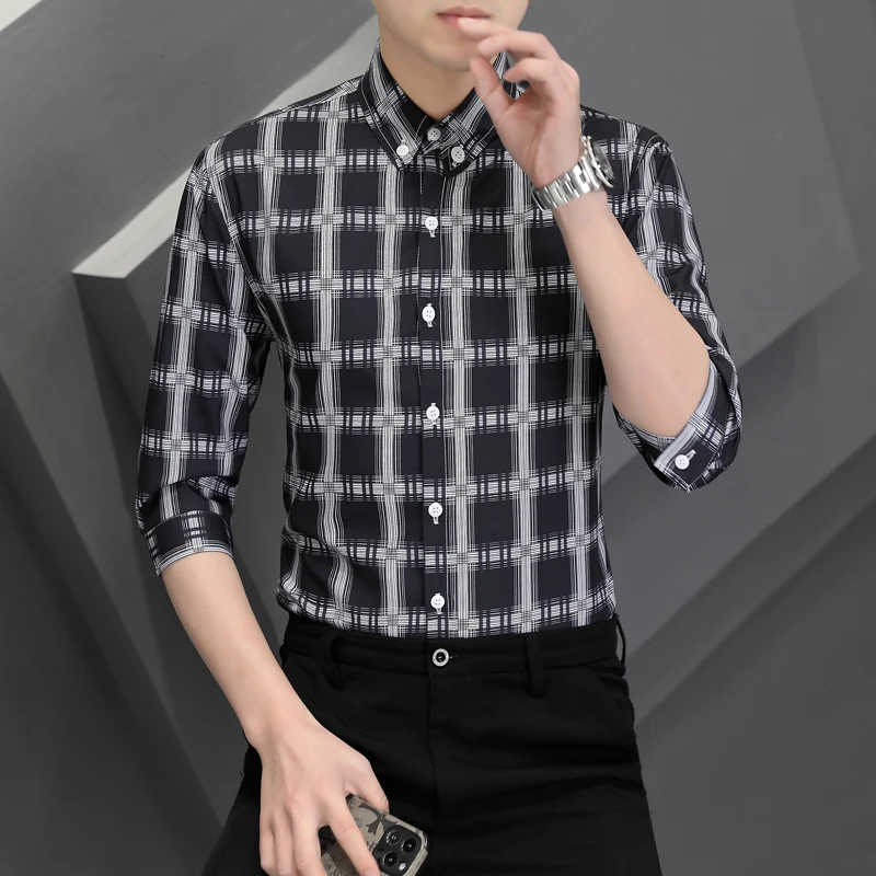 

Men's Summer Shirts Stand-up Collar Five-point Mid-sleeve Shirt plaid Print Loose Top Casual Thin Soft Blouse