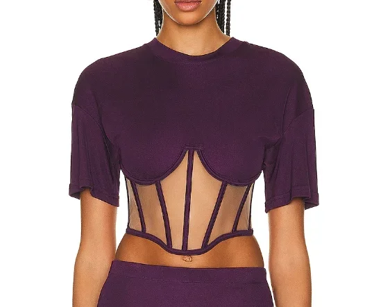 

2024 New Summer Spring Black Purple White Short Sleeve Fishbone Mesh Splicing See Through T Shirt Tops for Women Sexy