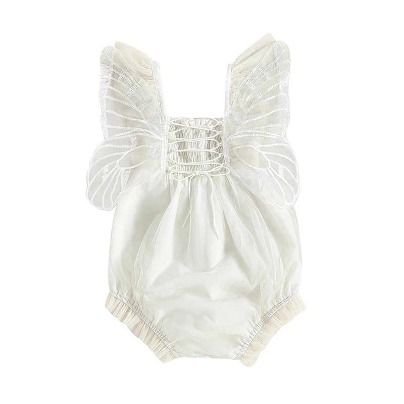 

Baby Girls Romper Fly Sleeve Embroidery Butterfly Pleated Lacing Summer Bodysuit