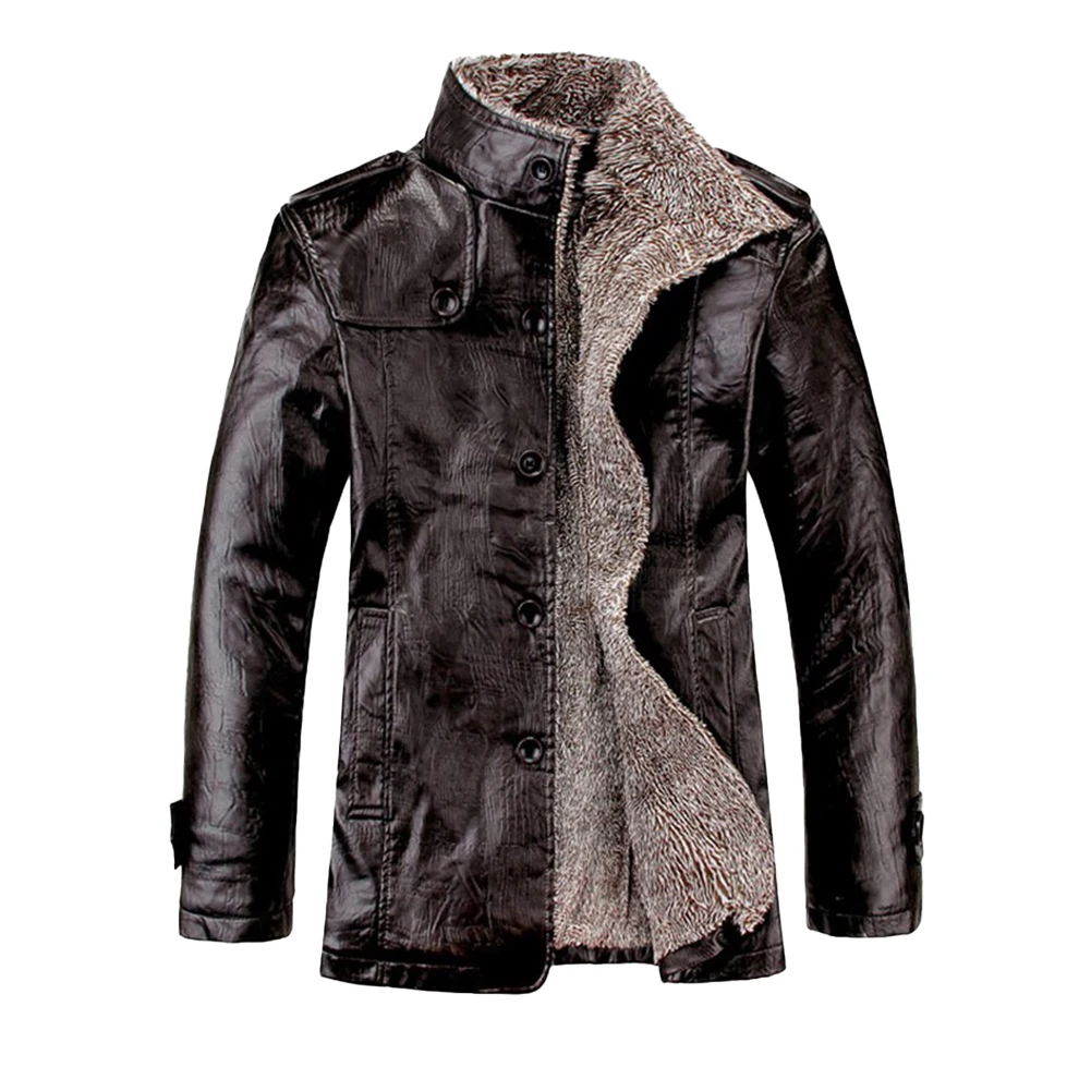 

Hot Comfort Fashion Men Coat Mens Jacket Fur Inside Handsome Lapel Long Sleeve Moto Coat Collared Faux Leather