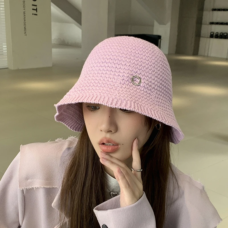 

Ins Popular Pink Knitted Bucket Hats for Women Korean Fashion Autumn and Winter Versatile Plain Street Snap Basin Caps Men