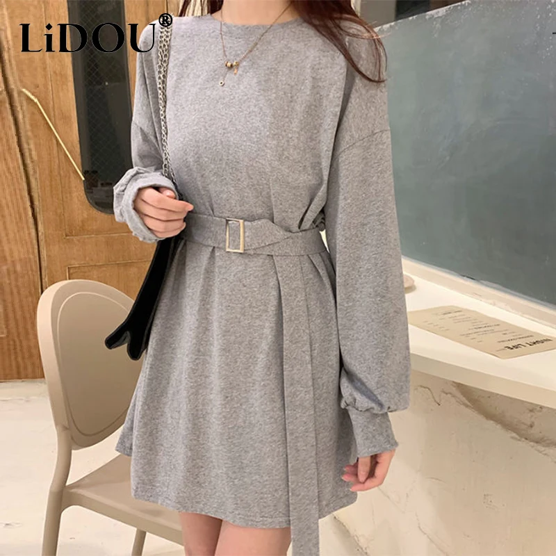 

Spring Autumn Korean Style O Neck Solid Color Simple Waist Belt Loose Casual Dresses Women Long Sleeve Preppy Dress Robe Femme