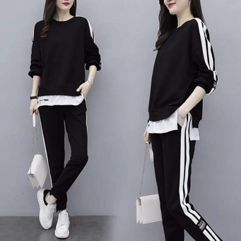 

Oversized Women's Fat Sister Early Autumn New Fashionable Casual Covering Meat and Showing Slim Sweater Two Piece Set